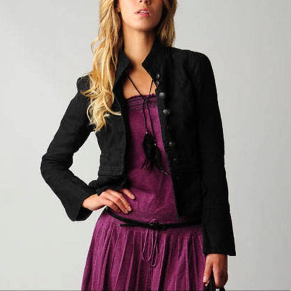 Free People Charmed Officer Black Fitted Military Moto Jacket